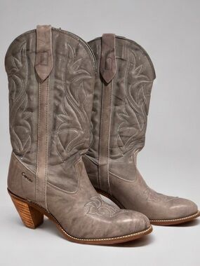 70s Vintage Miss Capezio Slate Grey Leather Boots Stacked Wood Heel USA 10 EUC